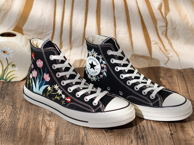 Handmade Converse Embroidery Floral, Custom Embroidered Converse High Top, Black Canvas Shoes Embroidery Tulip And Butterfly, Romantic Gift