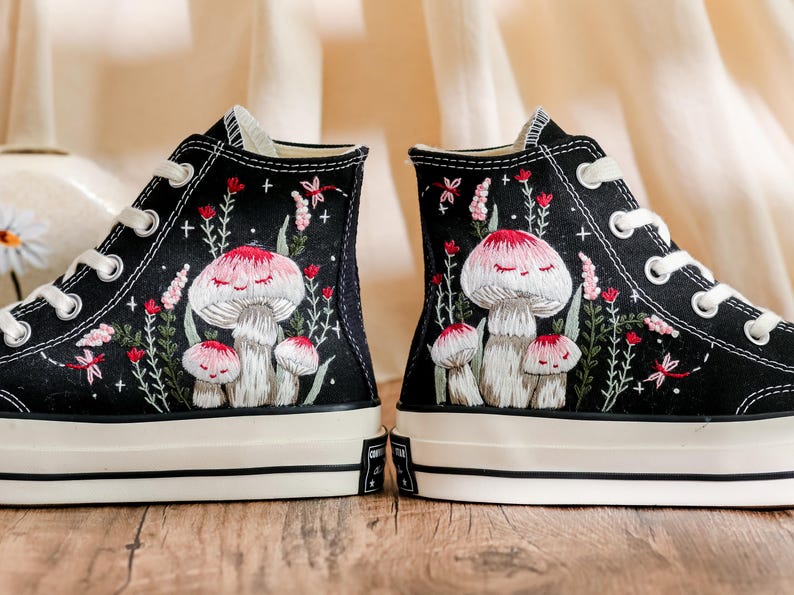 Custom Embroidered Converse Shoes, Mushroom Embroidery Converse High Tops, Custom Converse Shoes for Mushroom Lovers,  Unique gifts