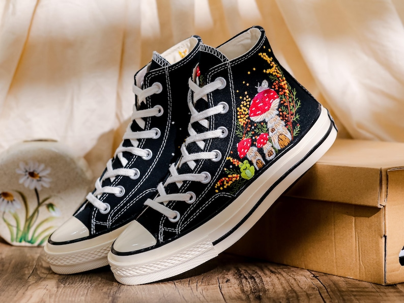 Mushroom Embroidered Converse High Tops, Mushrooms, Frog Embroidered Shoes, Converse Embroidery Mushroom, Embroidered Sneaker, Gift for Her