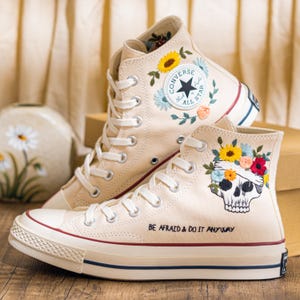 Custom Embroidered Converse Chuck Taylor High Top, Cream Converse Shoes Embroidery Skull & Sunflower, Unique Custom Sneakers, Halloween Gift