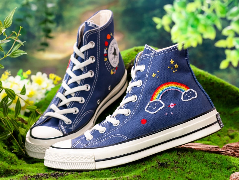 Converse Embroidery Shoes, Rainbow Embroidered Converse High Tops, Sky,  Star Embroidered Shoes,  Rainbow Embroidered Sneakers, Gift for Her