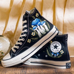 Mystical Embroidered Converse High Tops, Black Sneakers Embroidery With Blue Mushroom Embroidery & Floral, Unique Custom Shoes, Custom Gifts