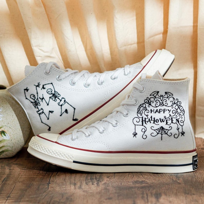 Custom Halloween Embroidered Converse Chuck Taylor High Tops, Converse Embroidery Dancing Skeletons & Spooky, Custom Sneaker, Halloween Gift