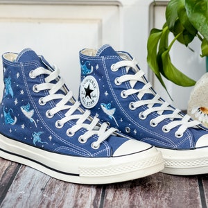 Custom Embroidered Converse High Tops, Custom Converse Chuck Taylor 1970s Manta Ray Embroidered, Ocean Embroidered Shoes Custom, Ocean Gifts