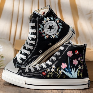 Handmade Converse Embroidery Floral, Custom Embroidered Converse High Top, Black Canvas Shoes Embroidery Tulip And Butterfly, Romantic Gift