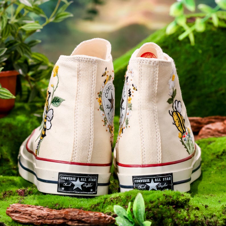 Custom Floral Converse, Bees, Sunflowers Embroidery Converse, Flower and Bee Embroidered Shoes, Unique Custom Floral Sneakers, Gift For Her