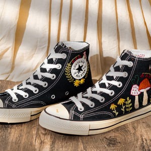 Customized Converse Shoes Embroidery Mushroom, Black High Top Sneakers Embroidered Floral Design, Vintage Embroidery Converse, Handmade Gift
