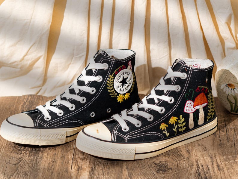 Customized Converse Shoes Embroidery Mushroom, Black High Top Sneakers Embroidered Floral Design, Vintage Embroidery Converse, Handmade Gift