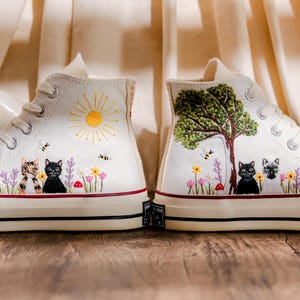 Custom Converse Chuck Taylor Embroidered Cat and Garden Flowers, Pet Embroidered Converse, Sun, Floral, Cat Embroidered Shoes Custom