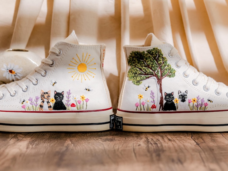 Custom Converse Chuck Taylor Embroidered Cat and Garden Flowers, Pet Embroidered Converse, Sun, Floral, Cat Embroidered Shoes Custom