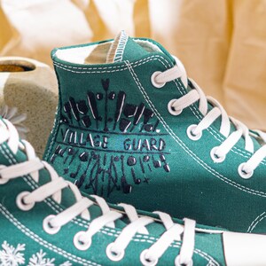 Unique Embroidered Converse High Tops, Green Sneakers Embroidered With Village Guard Motif And Dandelion Art, Unique Custom Shoes, Gift Idea