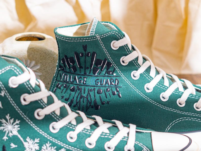 Unique Embroidered Converse High Tops, Green Sneakers Embroidered With Village Guard Motif And Dandelion Art, Unique Custom Shoes, Gift Idea