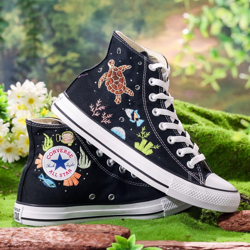 Custom Embroidered Converse, Octopus and Sea Turtle Embroidered Shoes Custom, Ocean and Coral, Fish Embroidered Sneakers Custom, Diver Gifts