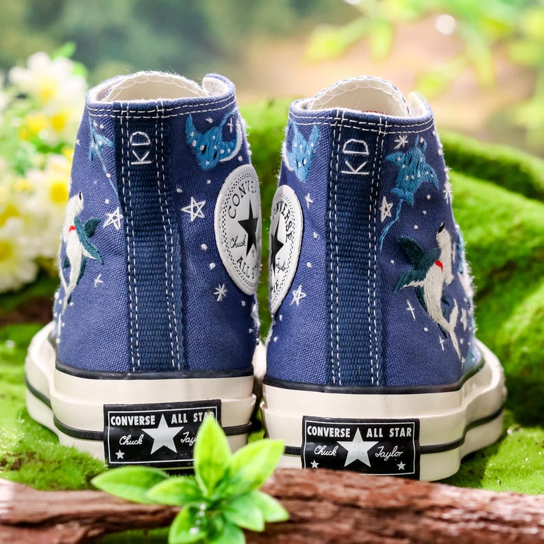 Custom Embroidered Converse, Hammerhead Sharks and Manta Ray Embroidered Shoes, Ocean Vibes Embroidered Sneakers Custom, Gifts for Divers