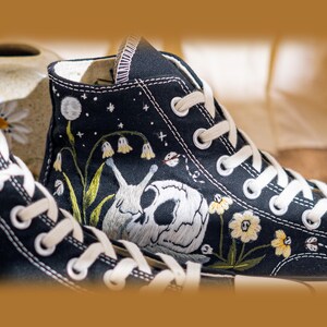 Custom Gothic Embroidered Converse High Tops, Black Canvas Sneakers Embroidery With Skull And Snail, Halloween Converse Shoes, Unique Gifts
