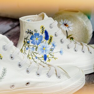 Custom Embroidered Converse, Carnation and Cornflower Embroidered Shoes, Blue Flax Embroidered Sneaker Custom, Flower Embroidery Converse