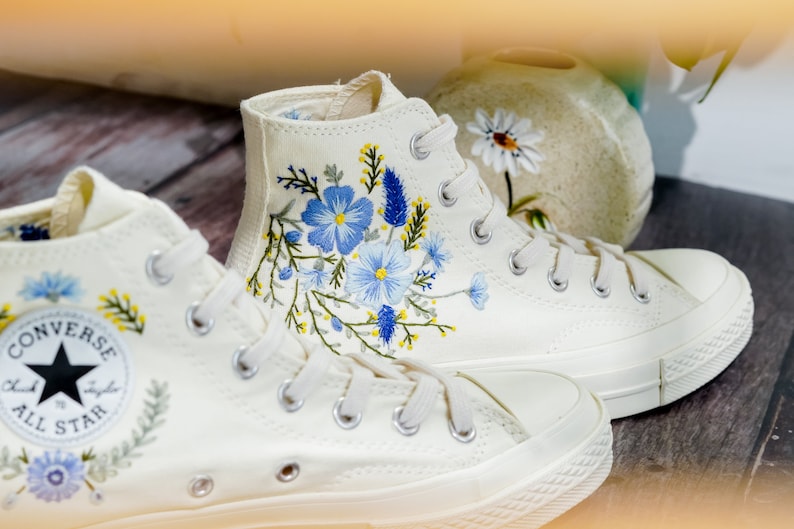 Custom Embroidered Converse, Carnation and Cornflower Embroidered Shoes, Blue Flax Embroidered Sneaker Custom, Flower Embroidery Converse
