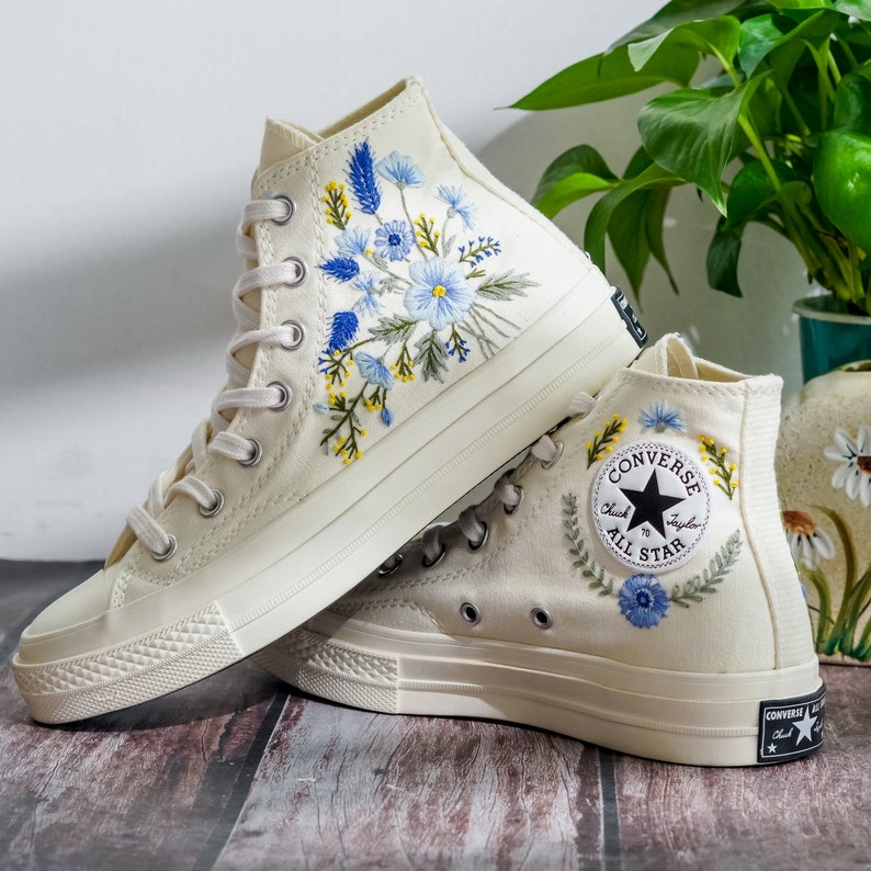 Custom Embroidered Converse, Carnation and Cornflower Embroidered Shoes, Blue Flax Embroidered Sneaker Custom, Flower Embroidery Converse