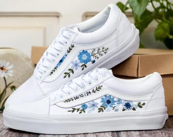 Custom Wedding Vans, Blue Flowers Embroidered Shoes for Bride, Floral Embroidered Vans, Custom Sneakers Embroidery Flowers, Wedding Gifts