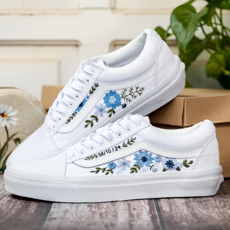 Custom Wedding Vans, Blue Flowers Embroidered Shoes for Bride, Floral Embroidered Vans, Custom Sneakers Embroidery Flowers, Wedding Gifts