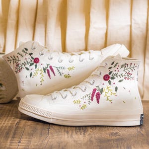 Custom Embroidered Converse Chuck Taylor High Top Womens, Converse Embroidery Floral & Leaf, Sneakers Embroidered Romantic Style, Bride Gift