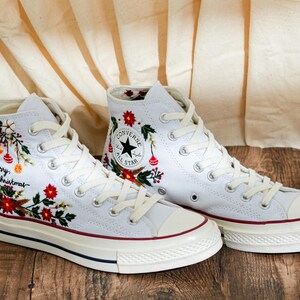 Custom Christmas Embroidered Converse Chuck Taylor High Tops, Converse Embroidery With Christmas & Floral, Personalized Shoes, Holiday Gifts