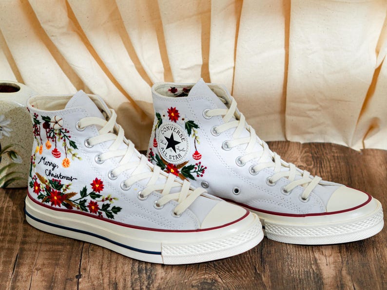 Custom Christmas Embroidered Converse Chuck Taylor High Tops, Converse Embroidery With Christmas & Floral, Personalized Shoes, Holiday Gifts