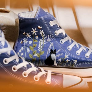 Custom Flowers and Cat Embroidered Converse Blue High Tops, Custom Converse Embroidered Floral, Pet Embroidered Shoes, Gifts for Pet Lovers