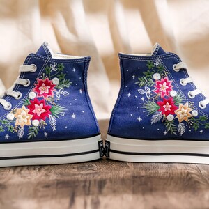 Embroidered Converse, Converse Embroidery Poinsettia Flowers, Christmas Embroidered Shoes, Snowflakes Embroidery Sneakers, Christmas Gifts
