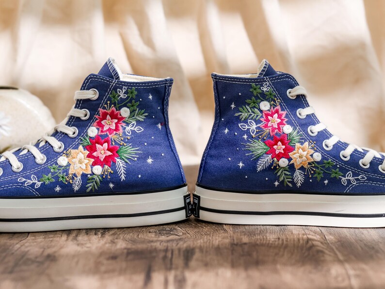 Embroidered Converse, Converse Embroidery Poinsettia Flowers, Christmas Embroidered Shoes, Snowflakes Embroidery Sneakers, Christmas Gifts