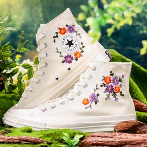 Wedding Converse for Bride, Sweet Purple and Orange Flowers Embroidered Shoes, Bridal Flower Embroidered Sneaker, Converse Embroidery Floral