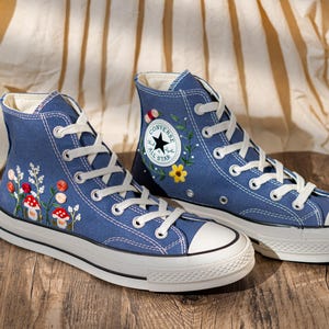 Mushroom Embroidered Converse High Top, Denim Canvas Shoes Embroidery Floral, Custom Sneakers Embroidered, Unique Women Shoes, Birthday Gift