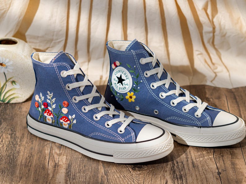 Mushroom Embroidered Converse High Top, Denim Canvas Shoes Embroidery Floral, Custom Sneakers Embroidered, Unique Women Shoes, Birthday Gift