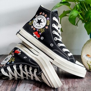 Embroidered Converse, Mushroom and Fox Embroidered Shoes Custom, Embroidered Converse High Tops Pet Mushroom and Sweet Sunflower Garden