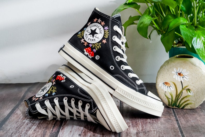 Embroidered Converse, Mushroom and Fox Embroidered Shoes Custom, Embroidered Converse High Tops Pet Mushroom and Sweet Sunflower Garden