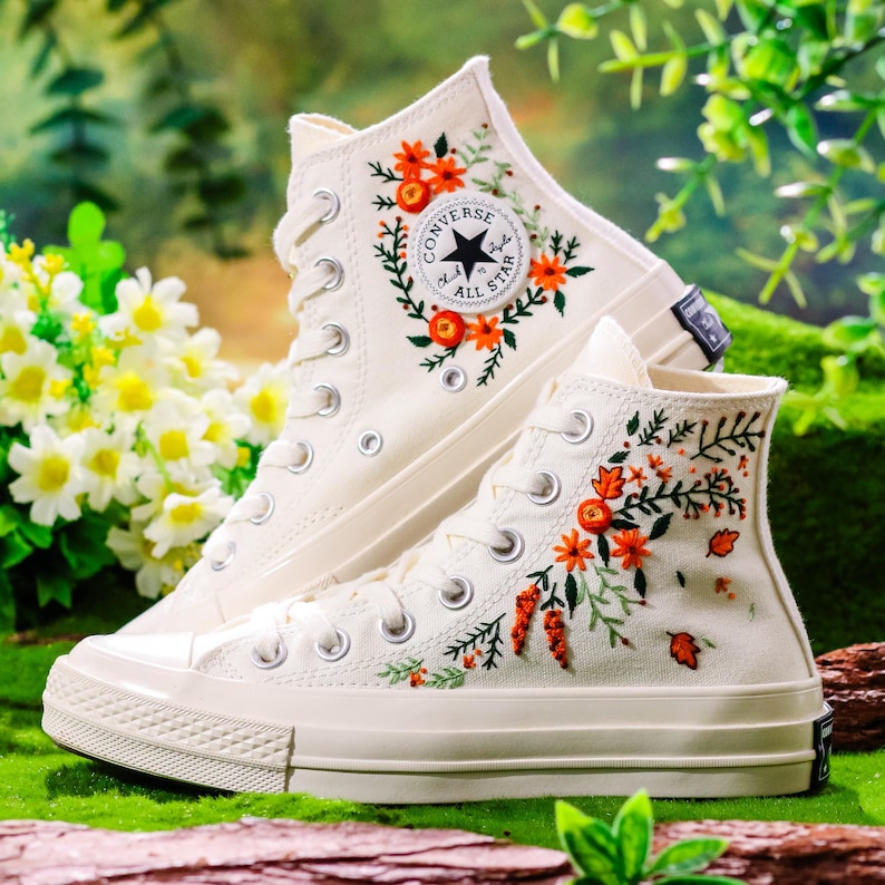 Wedding Converse for Bride, Bridal Flowers Embroidered Shoes for Wedding, Boho Wedding Flower Embroidered Shoes, Wedding Gift for Bridal