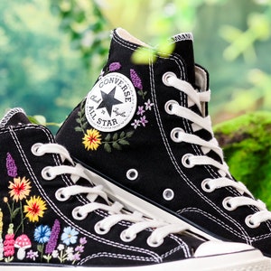 Custom Sunflower Embroidered Converse High Tops, Sunflower and Lavender, Mushroom Embroidered Shoes, Wildflower Embroidered Sneaker Custom
