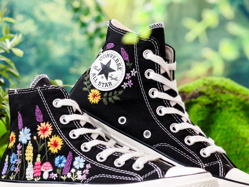 Custom Sunflower Embroidered Converse High Tops, Sunflower and Lavender, Mushroom Embroidered Shoes, Wildflower Embroidered Sneaker Custom