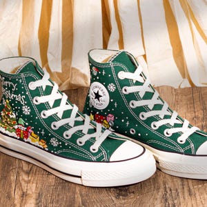 Green Christmas Converse Embroidered Santa, Snowflakes & Tree Embroidery　Shoes, Merry Christmas Personalized Converse, Holiday Gift for Her