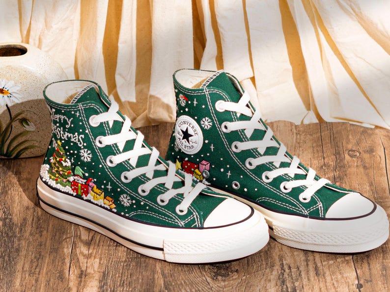 Green Christmas Converse Embroidered Santa, Snowflakes & Tree Embroidery　Shoes, Merry Christmas Personalized Converse, Holiday Gift for Her