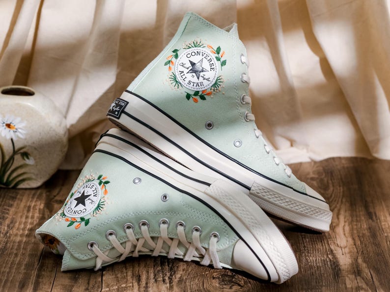 Embroidered Converse Summit Sage, Graden Floral and Fox Embroidered Shoes, Mushroom, Red Fox Embroidered Sneakers, Converse Embroidery Fox