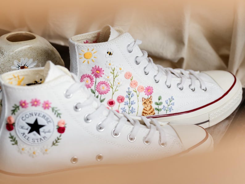 Cat Embroidered Converse, Flower Cat Embroidered Converse, Embroidered Converse Custom Pet, Cat Embroidered Sneakers, Birthday Gift