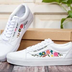 Custom Embroidered Wedding Vans, Couple’s Names Embroidered Vans Shoes, Flower Embroidered Sneaker Custom, Personalized Bridal Sneaker