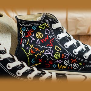 Custom Embroidered Converse Chuck Taylor High Tops 90S Style, Black Converse Embroidery Memphis, Abstract Embroidered Sneakers, Unique Gifts