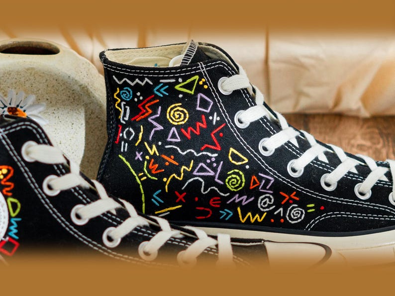 Custom Embroidered Converse Chuck Taylor High Tops 90S Style, Black Converse Embroidery Memphis, Abstract Embroidered Sneakers, Unique Gifts