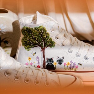 Custom Converse Chuck Taylor Embroidered Cat and Garden Flowers, Pet Embroidered Converse, Sun, Floral, Cat Embroidered Shoes Custom