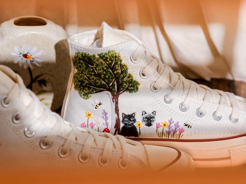 Custom Converse Chuck Taylor Embroidered Cat and Garden Flowers, Pet Embroidered Converse, Sun, Floral, Cat Embroidered Shoes Custom
