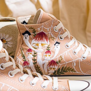 Custom Halloween Embroidered Converse High Tops, Brown Converse Embroidery With Ghost And Mushroom, Unique Custom Sneakers, Halloween Gifts
