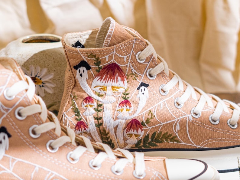 Custom Halloween Embroidered Converse High Tops, Brown Converse Embroidery With Ghost And Mushroom, Unique Custom Sneakers, Halloween Gifts