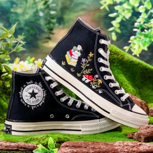 Custom Converse Embroidered Book, Mushrooms, Flowers Embroidery Shoes, Flower Garden, Book Embroidered Converse, Unique Graduation Gift